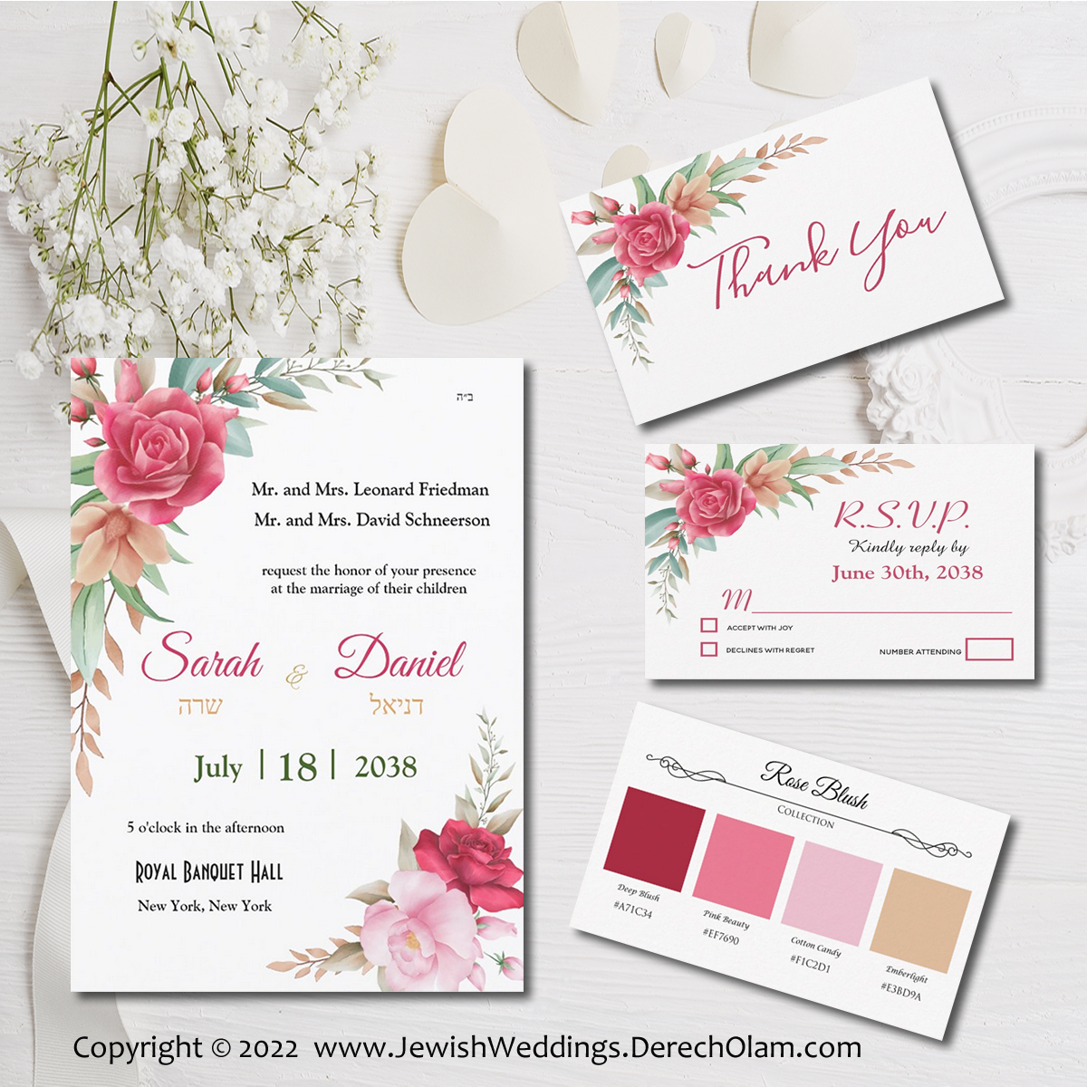 Dark and Light Pink Blush Rose Wedding Invitations and Decor for a Jewish Wedding