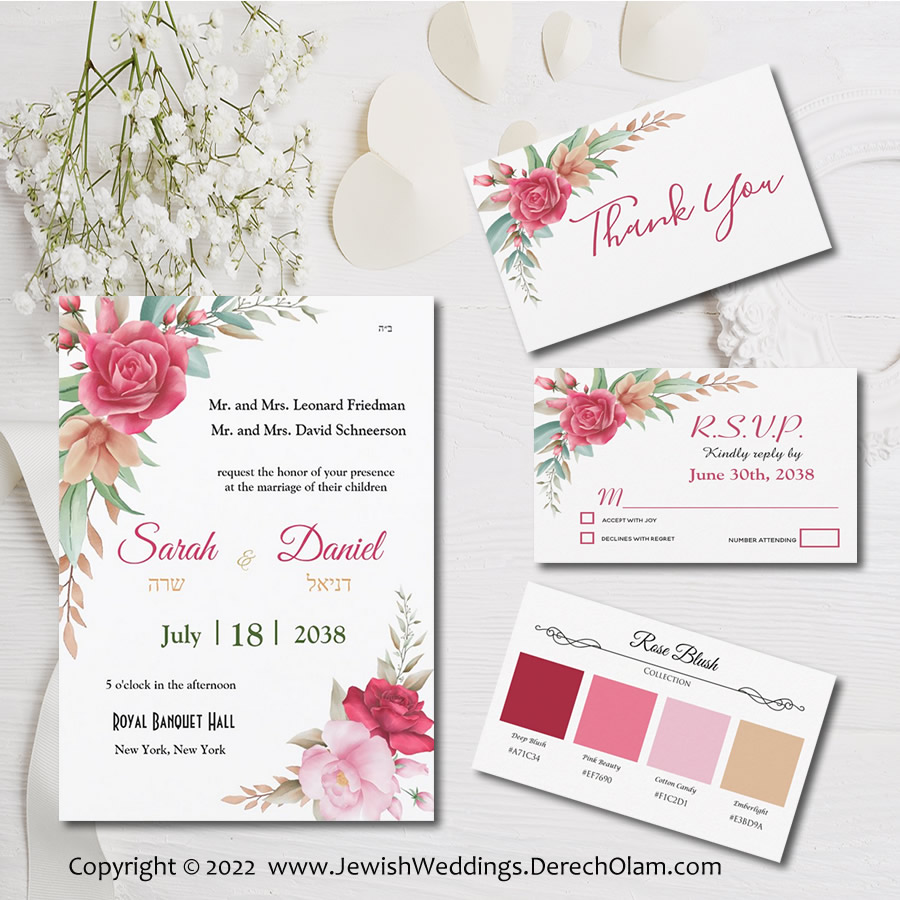 Pink and Red Rose Blush Jewish Wedding Invitations, Cards, Decorations, Gifts, Supplies and more