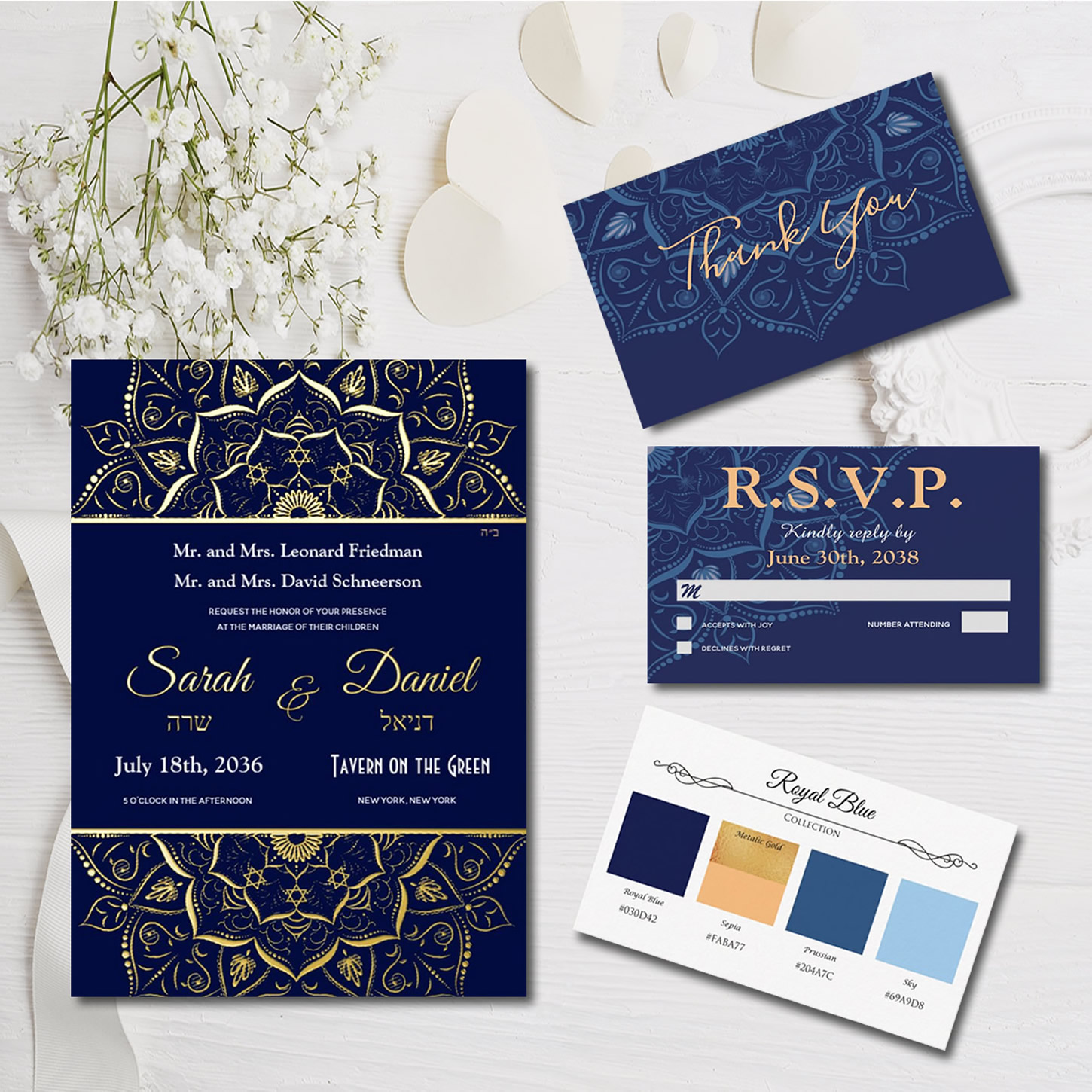 Royal Blue and Gold Lace Foil Jewish Wedding Invitations, Cards, Decorations, Gifts, Supplies and more