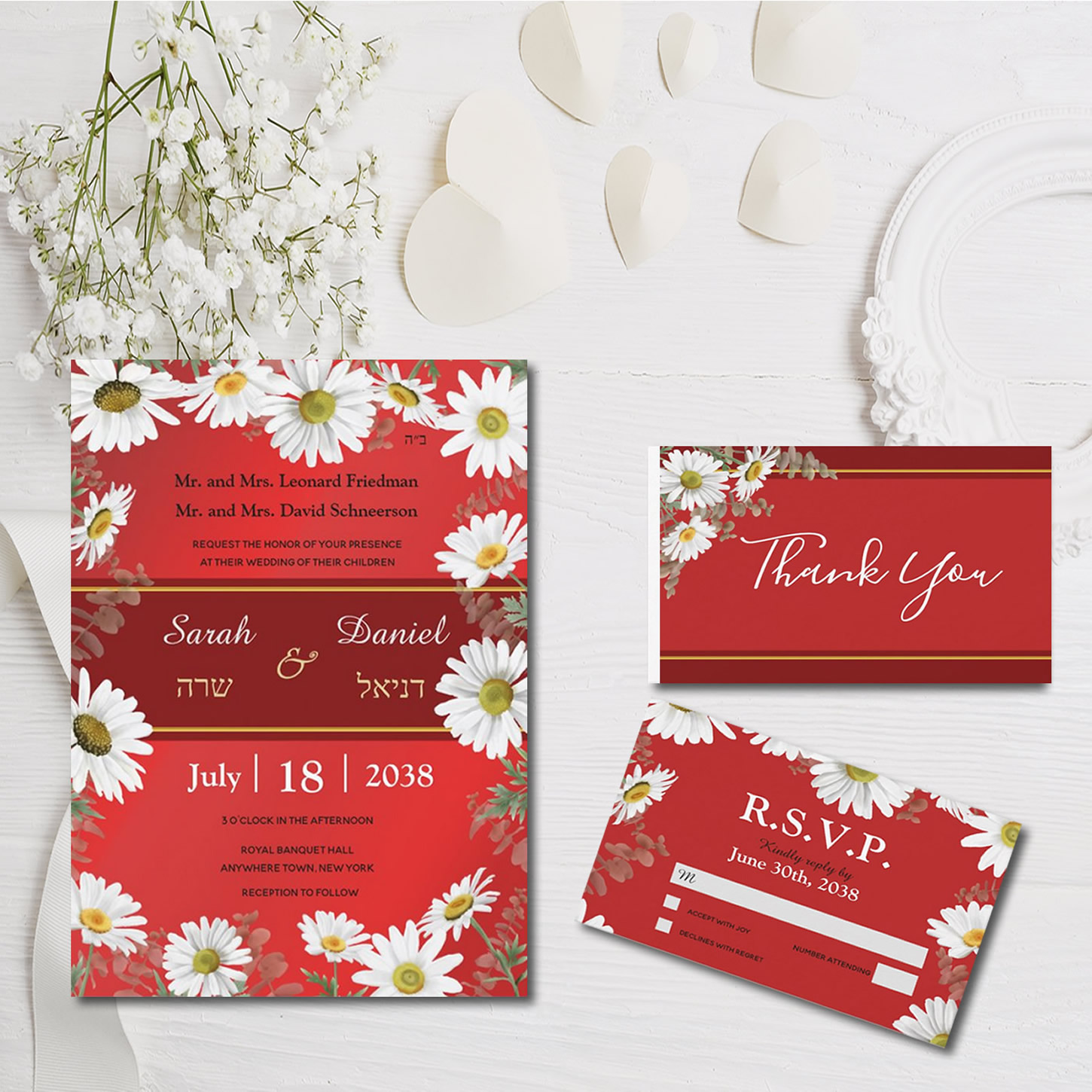 White Daisies on Red Jewish Wedding Invitations, Cards, Decorations, Gifts, Supplies, and more