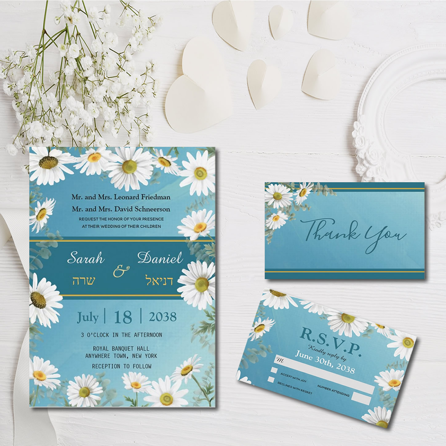 White Daislies on Teal Blue Jewish Wedding Invitations, Cards, Decorations, Gifts, Supplies, Ideas and more